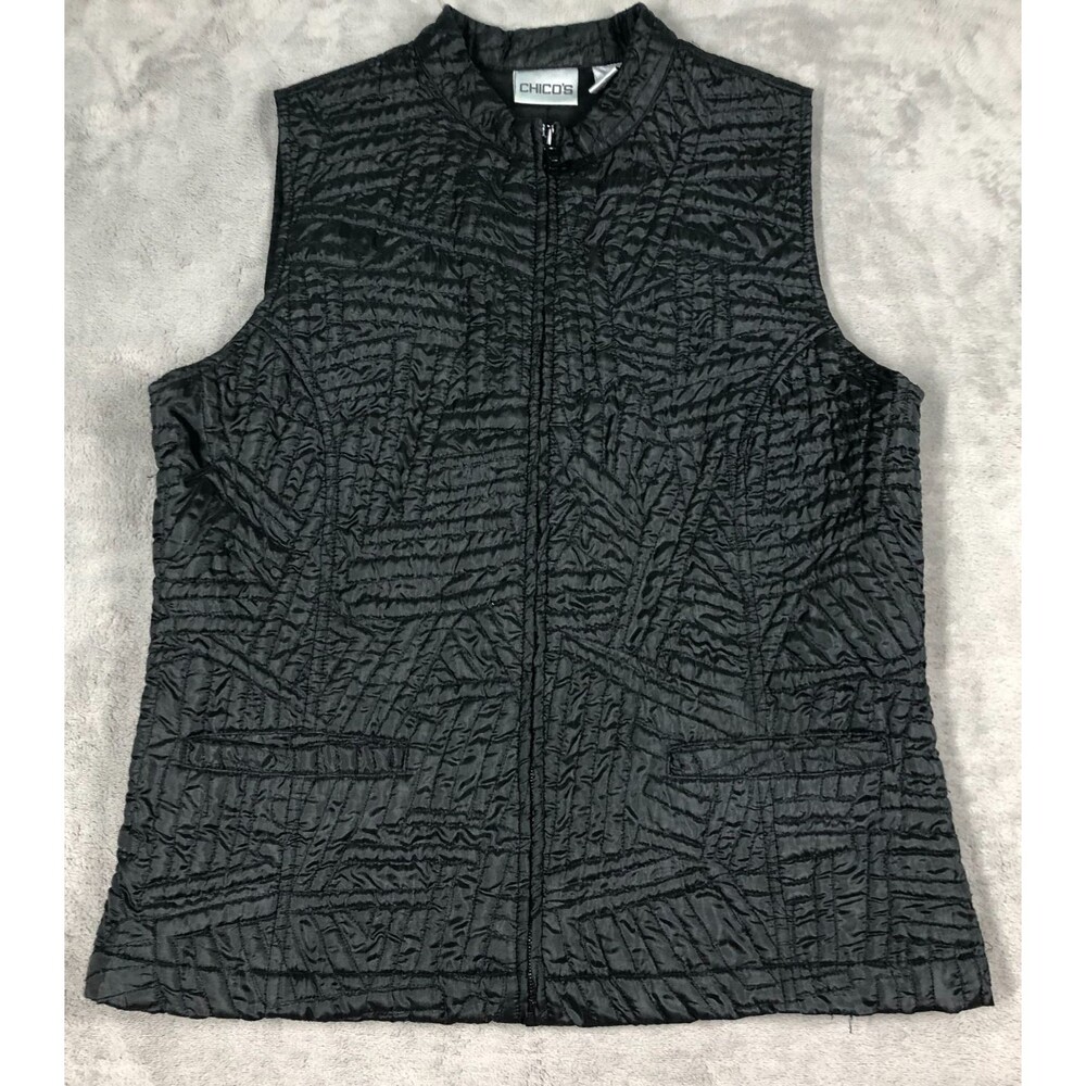 Chicos Quilted Vest Black Size 0 Small 4 Full Zip Pockets Abstract